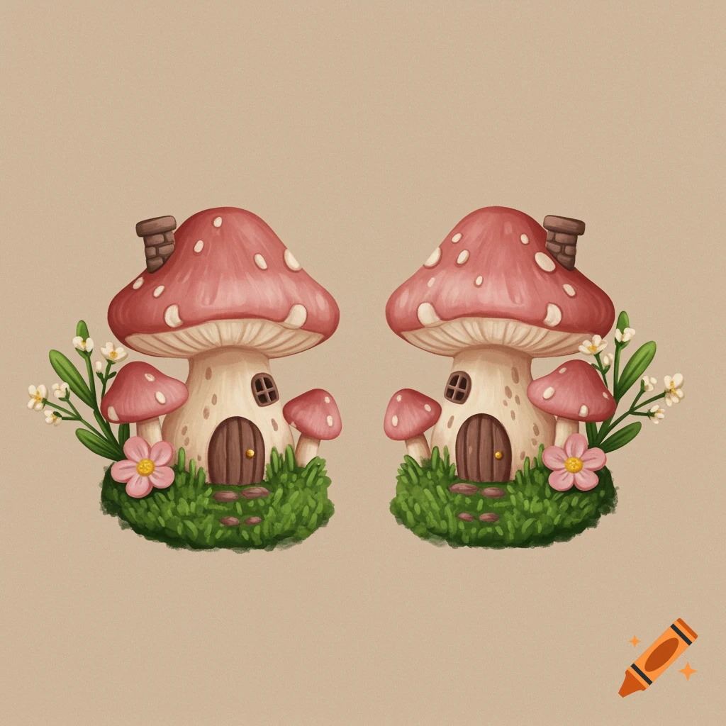 Two illustrations of a mushroom house with flowers and grass