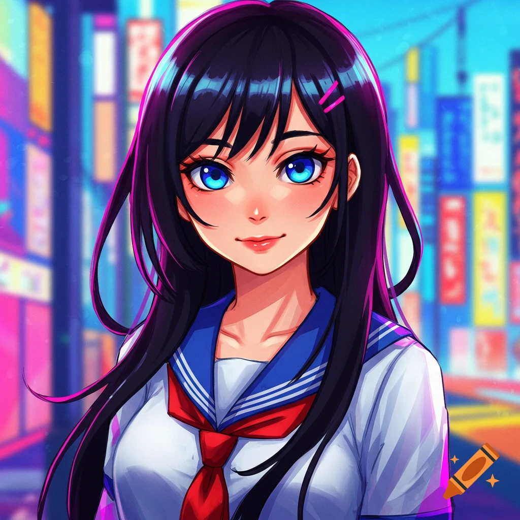 An anime schoolgirl with bright blue eyes smiles, standing in a city street at night.