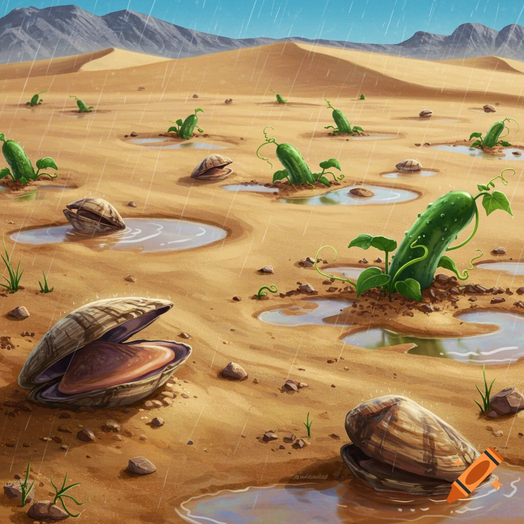 A surreal desert scene with rain, growing cucumbers, open clams, and puddles.