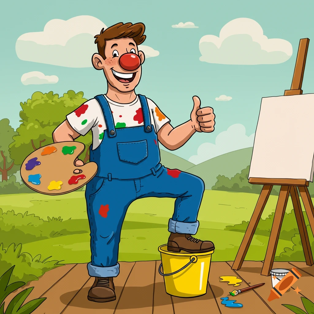 Cartoon of a painter in overalls giving a thumbs up, standing on a bucket outdoors with an easel and palette.