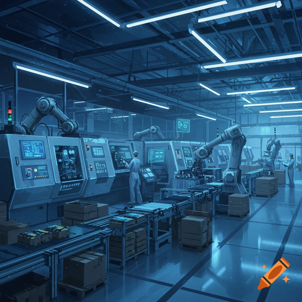 Automated factory floor with robotic arms, conveyor belts, boxes, and human workers under blue lighting.