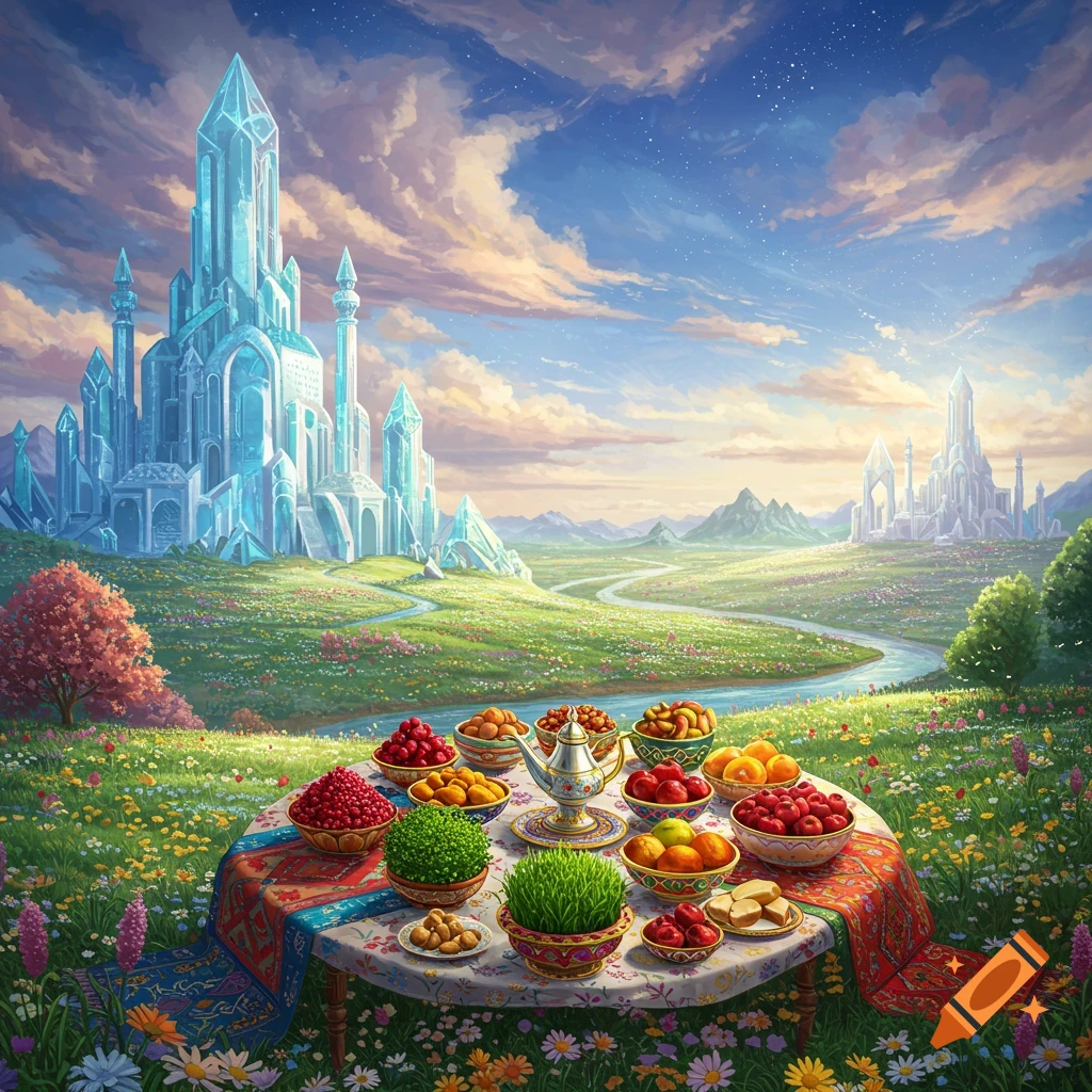 Painting of a table with Haft Sin items in a fantasy meadow with crystal castles under a bright sky.