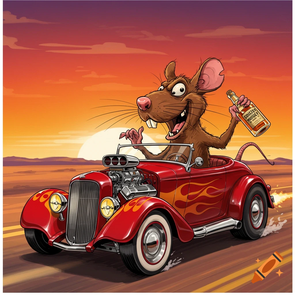 A cartoon rat drives a red hot rod with flames, holding a whiskey bottle, at sunset.