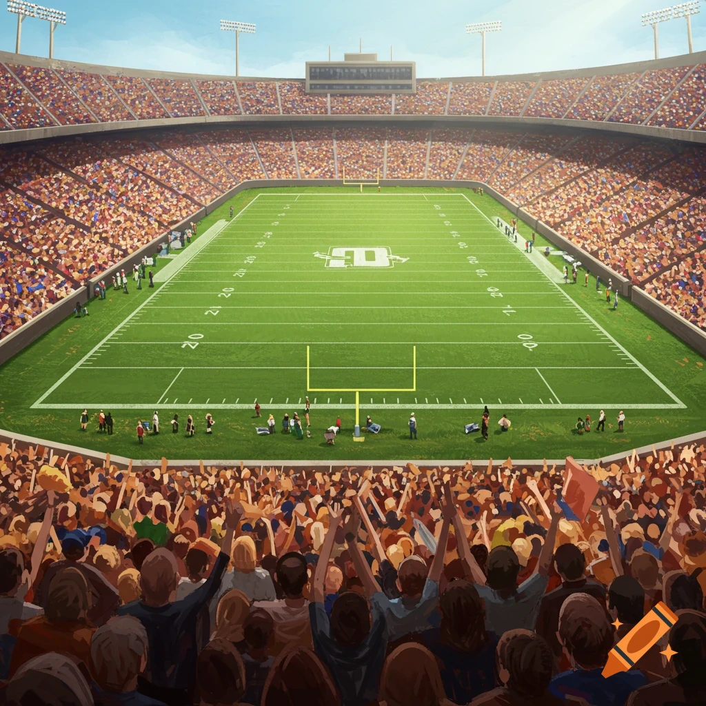 An illustration of a large football stadium filled with cheering fans watching a game from a high perspective.