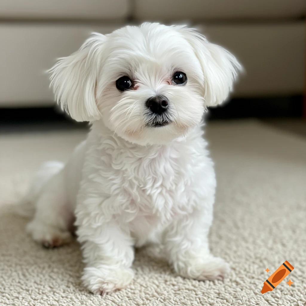 A small white Maltese dog sits on a rug.