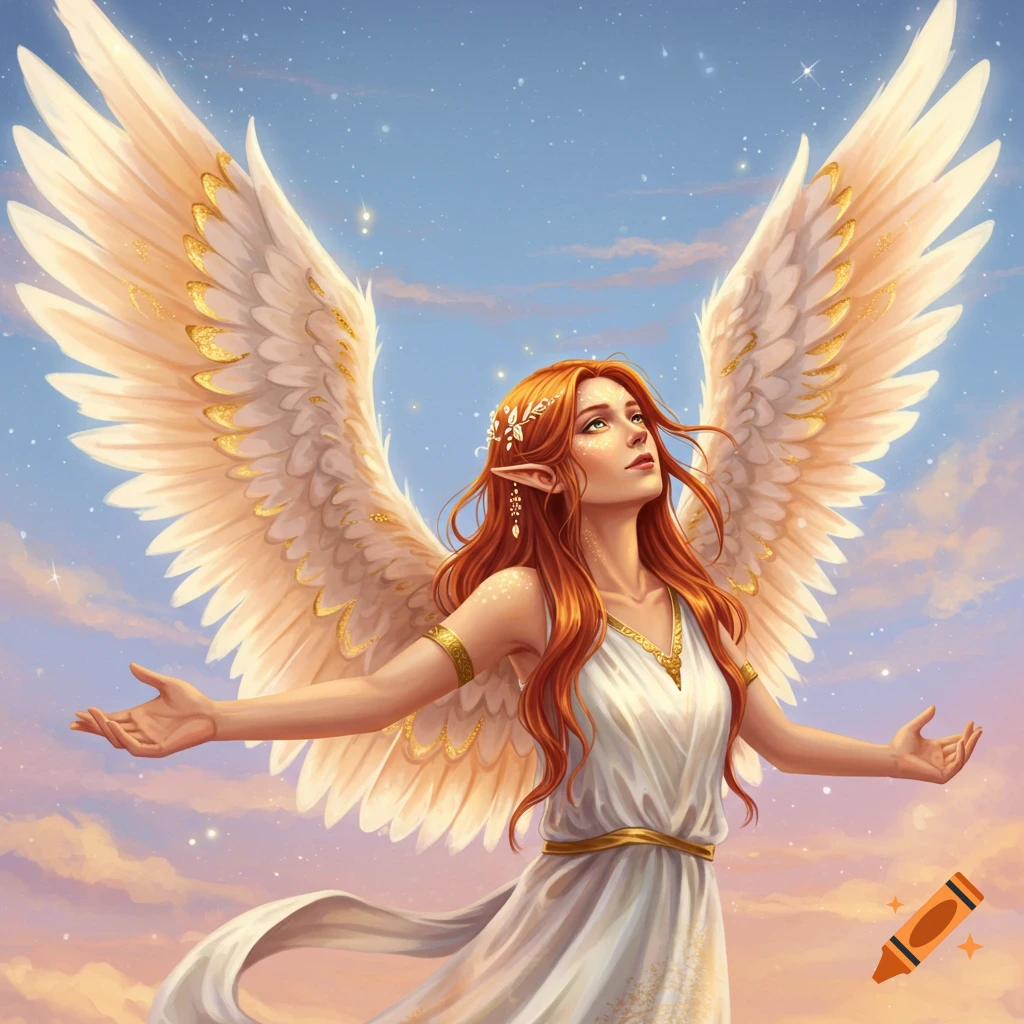 A red-haired woman with large white wings and a white dress stands with arms outstretched, looking up at a starry sky.
