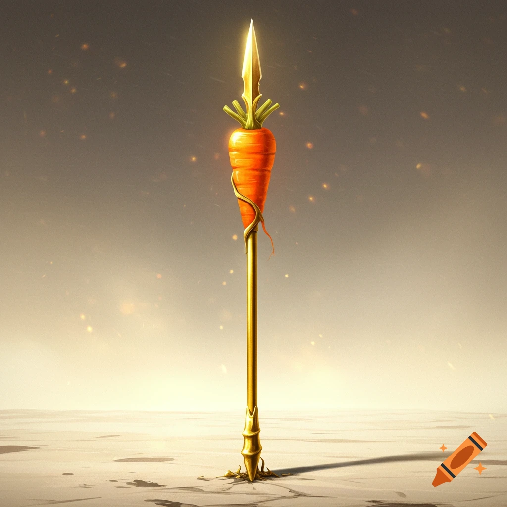 A golden spear with a carrot tip stands upright in a bright, atmospheric setting.
