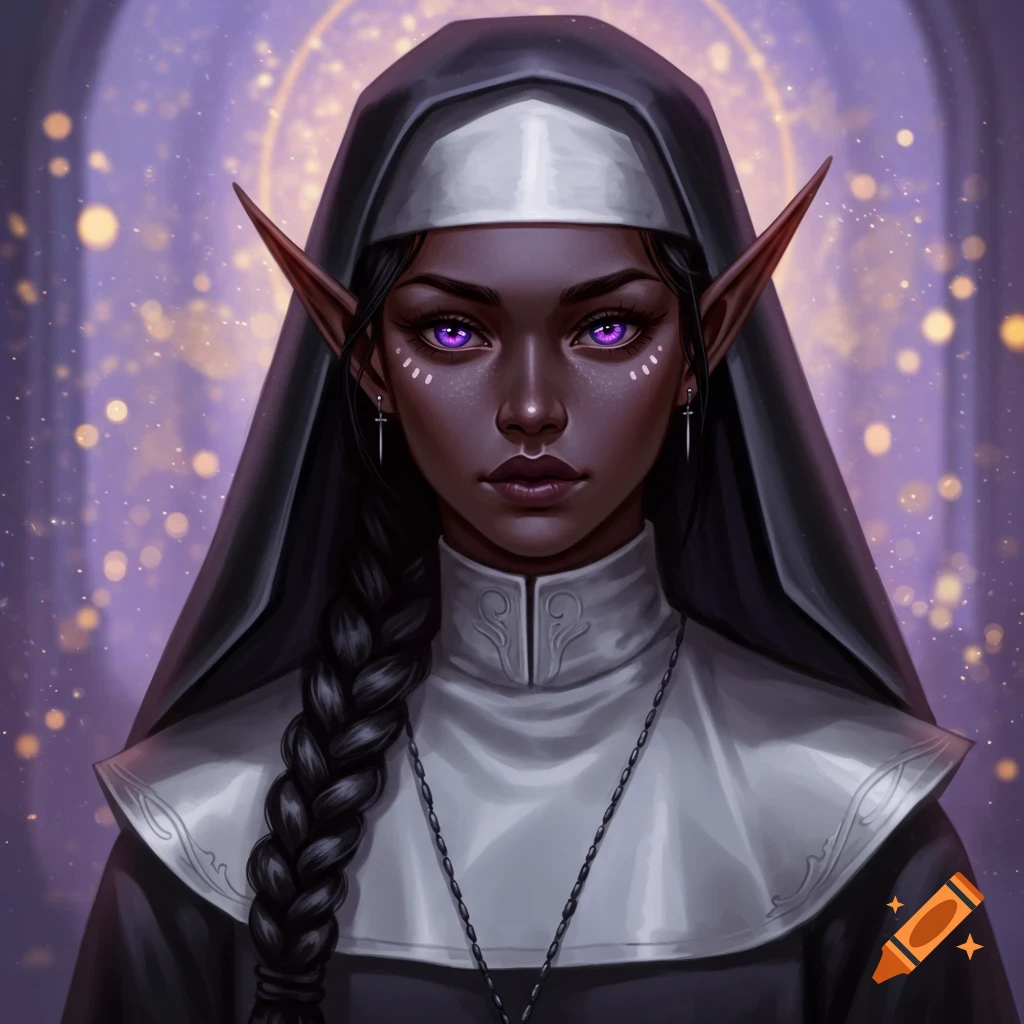 Portrait of a dark-skinned elf nun with purple eyes and a braid.