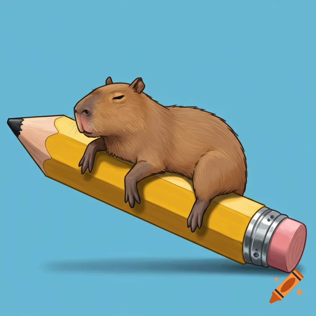 Illustration of a capybara sleeping on a large yellow pencil.