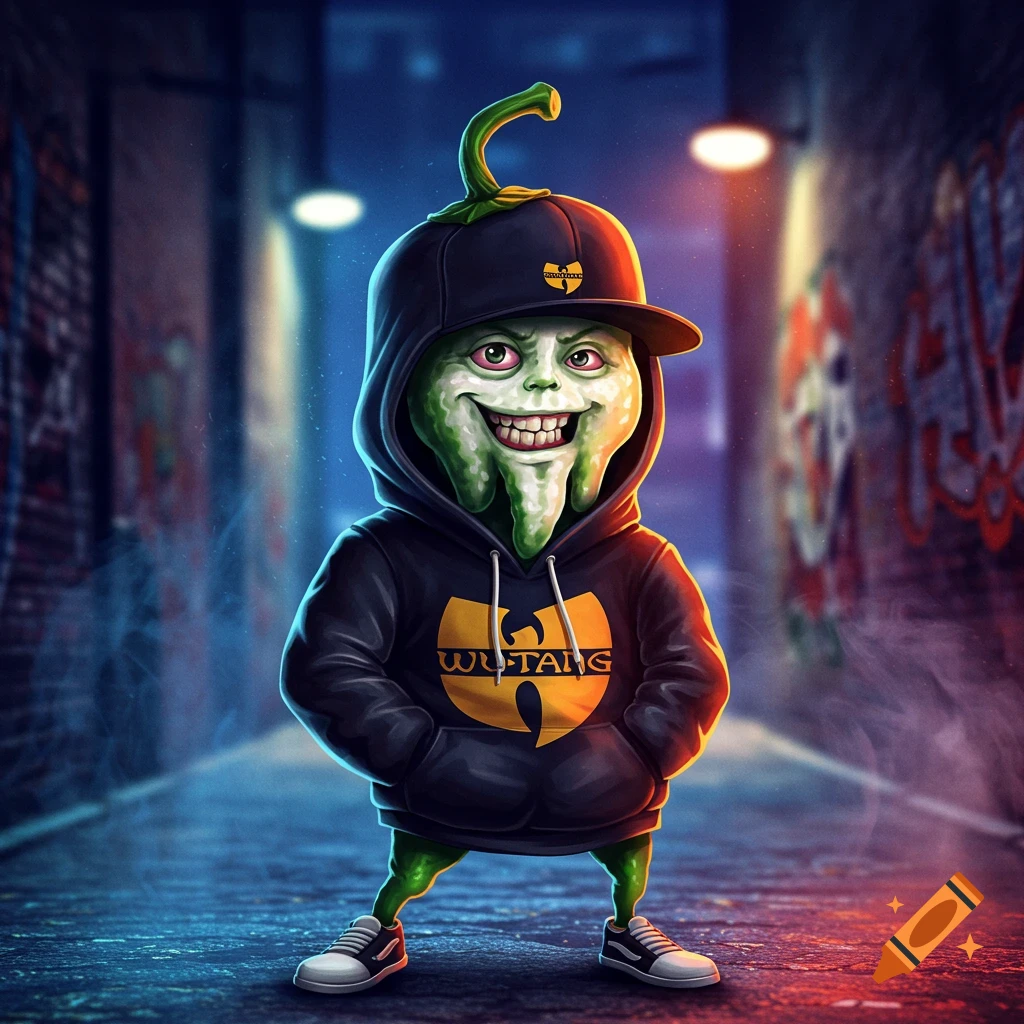 Cartoon pepper character in a Wu-Tang hoodie and cap stands in a graffiti alley.