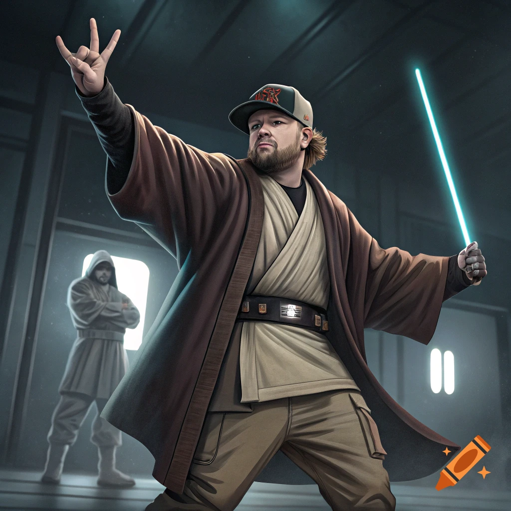Man in Jedi robe and baseball cap with lightsaber doing rock gesture, digital art.