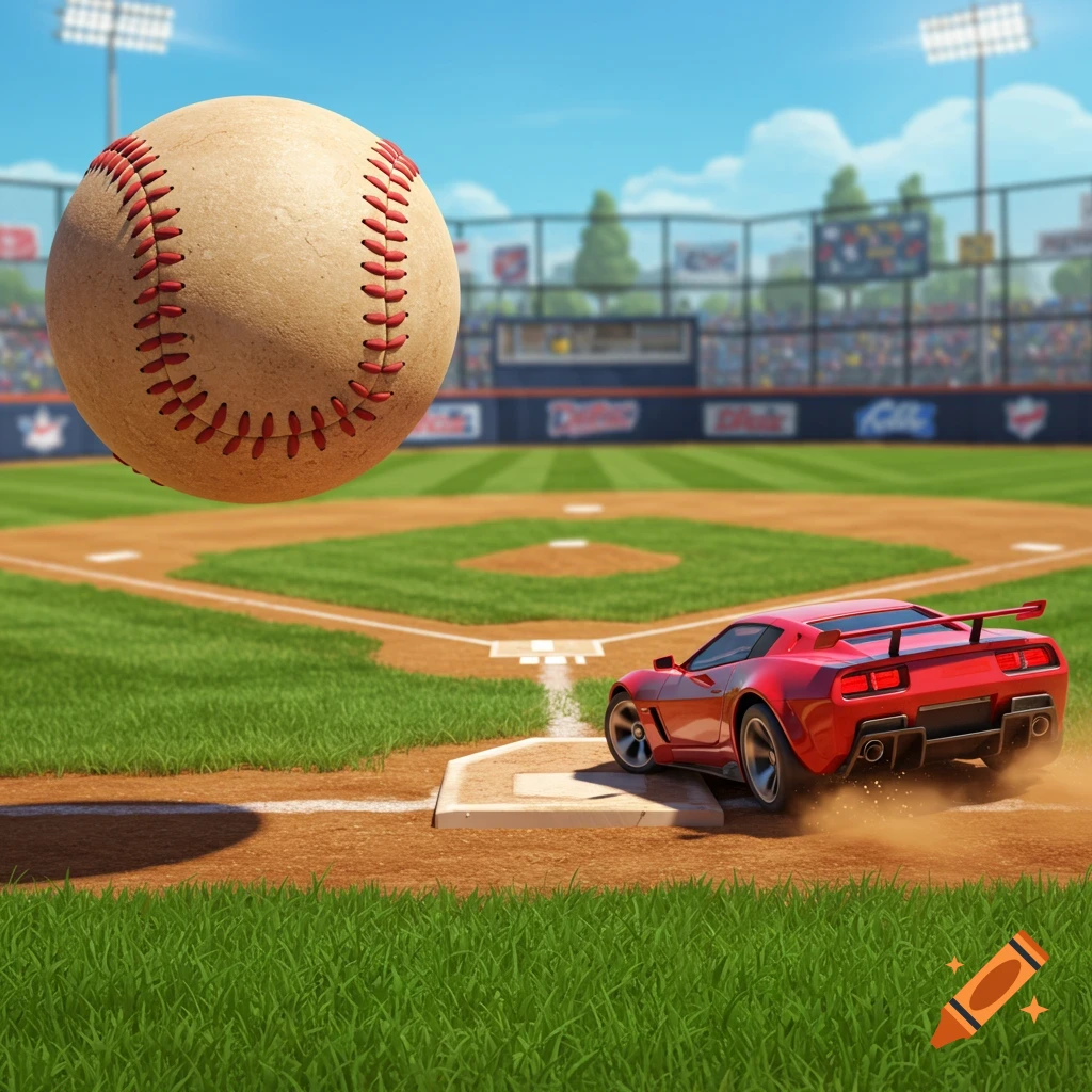 A red sports car races across a baseball diamond in front of a giant baseball. Cartoon style.