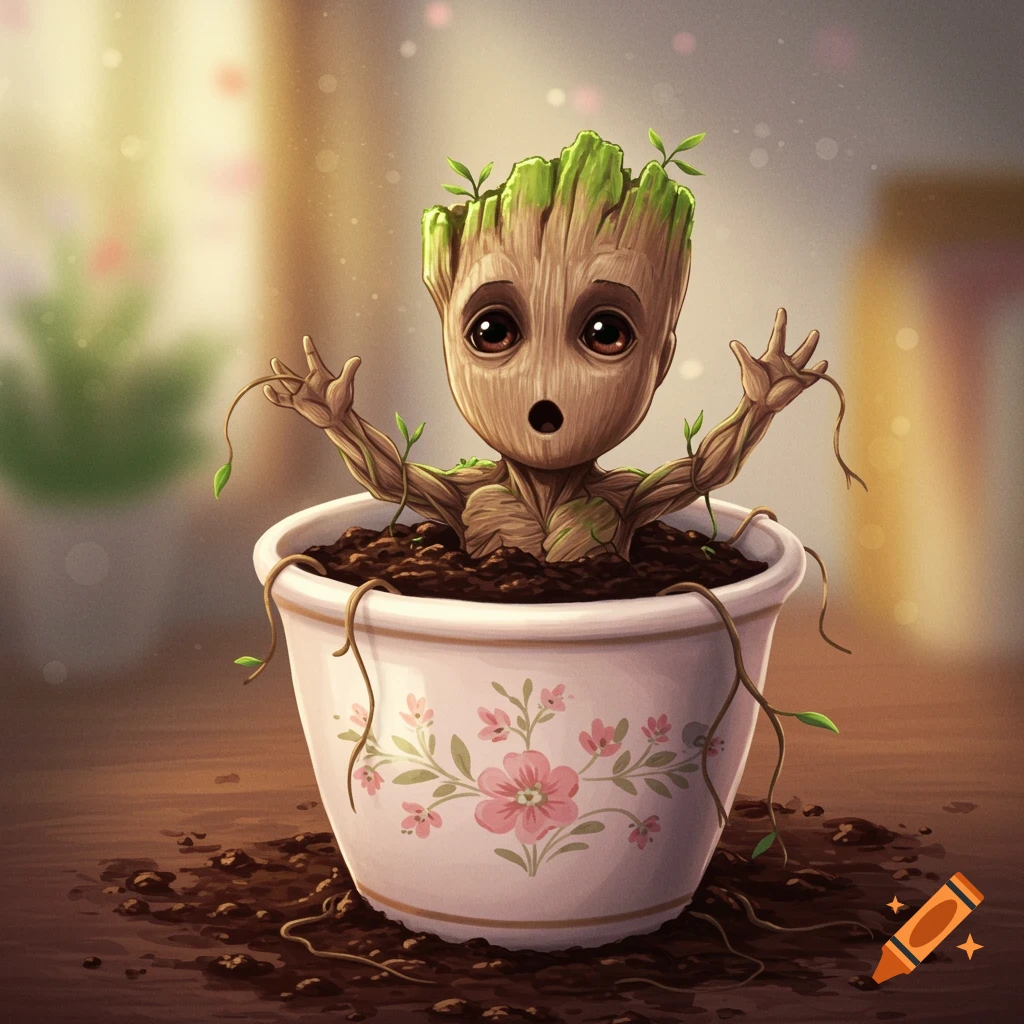 A cute cartoon Baby Groot character in a flower pot