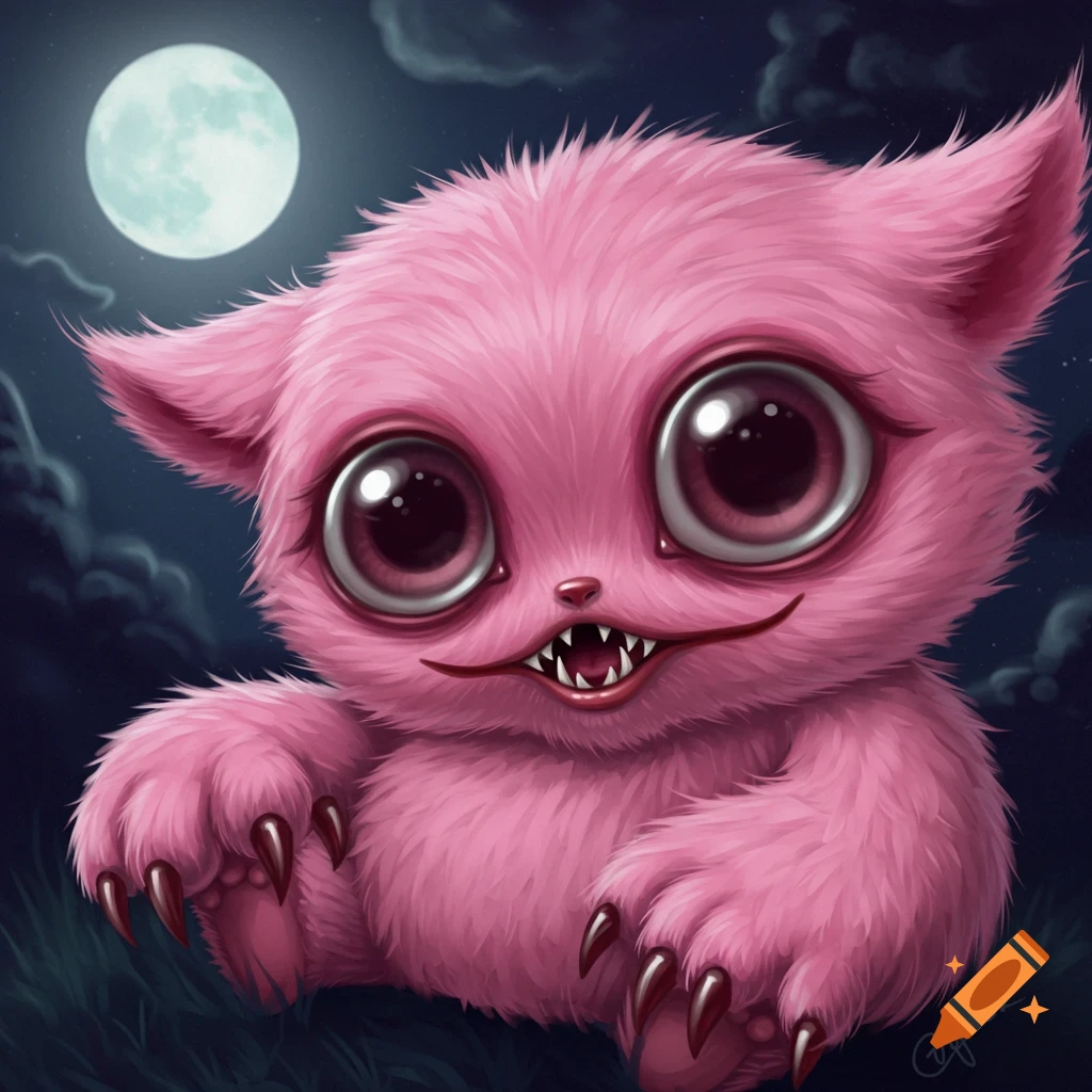 Cute but creepy pink fluffy creature with large eyes and fangs, sits outside at night under a full moon.
