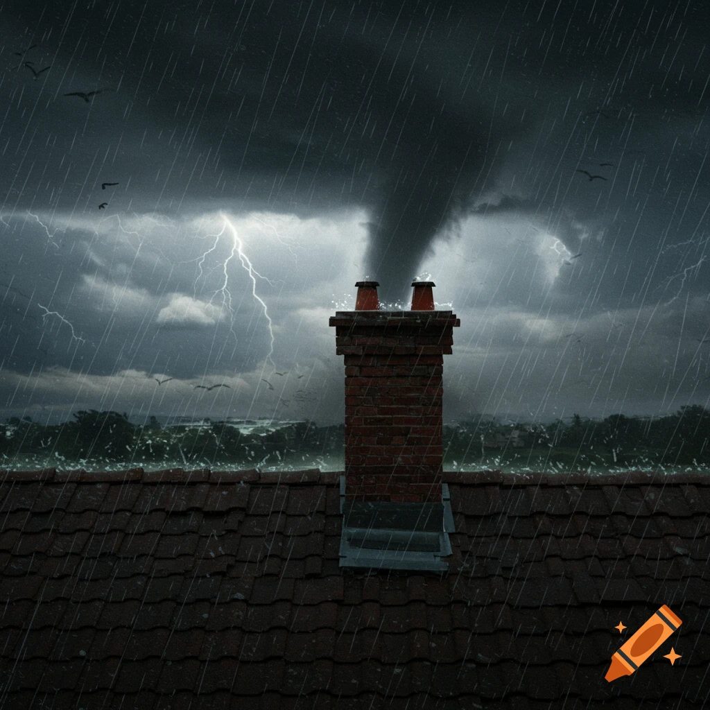 A close-up view of a chimney on a house roof during a stormy day with heavy rain, lightning, and a tornado in the distance.