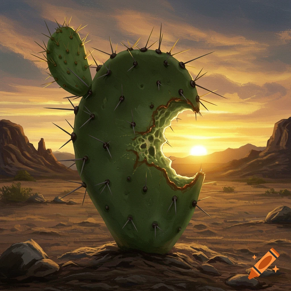 A large, green cactus pad with a bite mark stands in a desert landscape at sunset.
