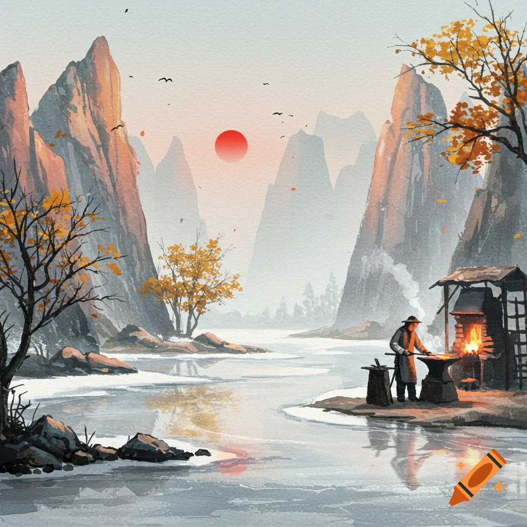 Watercolor painting of a blacksmith forging at a forge by a river in a mountainous autumn landscape under a red sun.