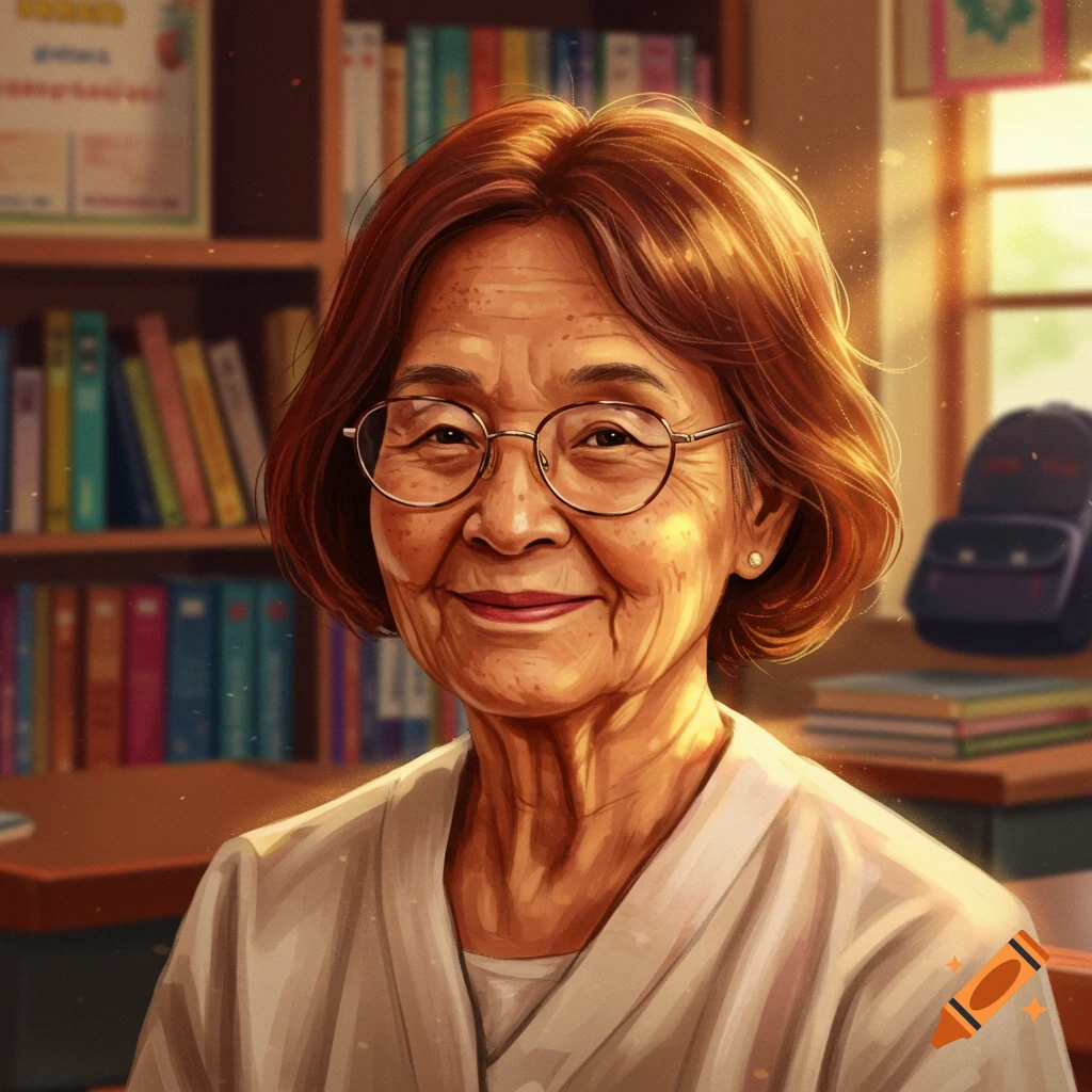 Painted illustration of an elderly Asian teacher with glasses smiling in a classroom with bookshelves.