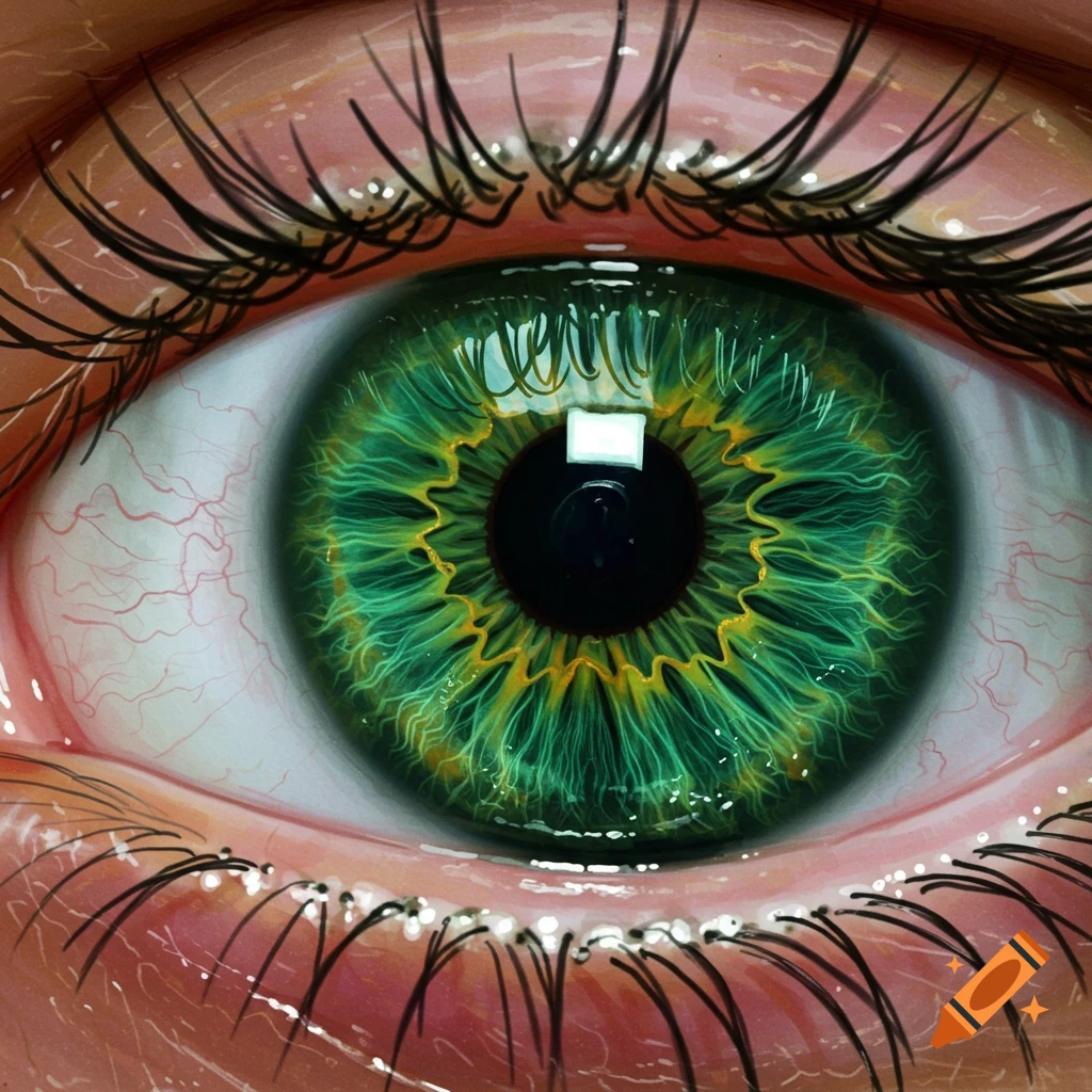 Detailed close-up illustration of a green eye.