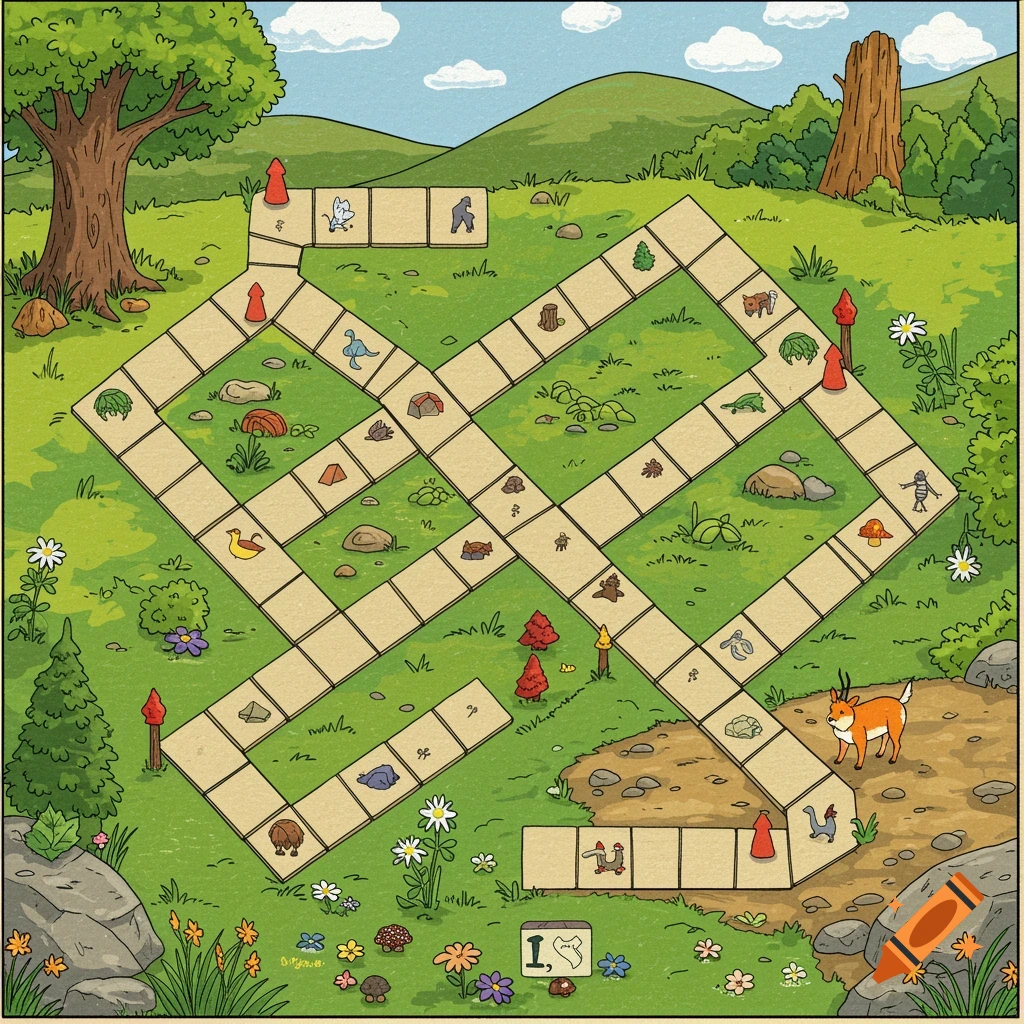 Clip art illustration of a board game set in a nature scene with animals