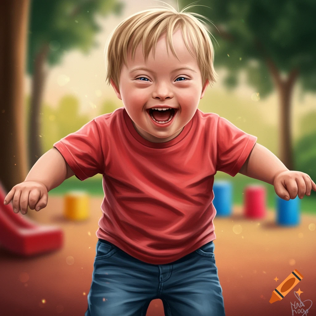 Smiling portrait of a young child with Down Syndrome in a playground
