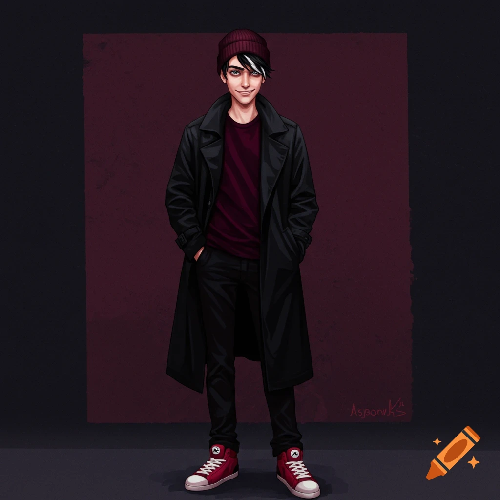 Full-body illustration of a young man in a black trench coat, maroon shirt, and red sneakers.