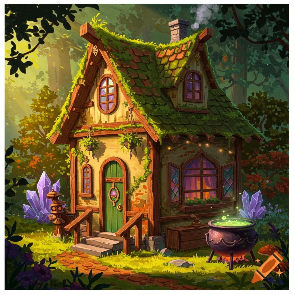 A charming witch's cottage in a sunlit forest clearing with a steaming cauldron and glowing crystals.
