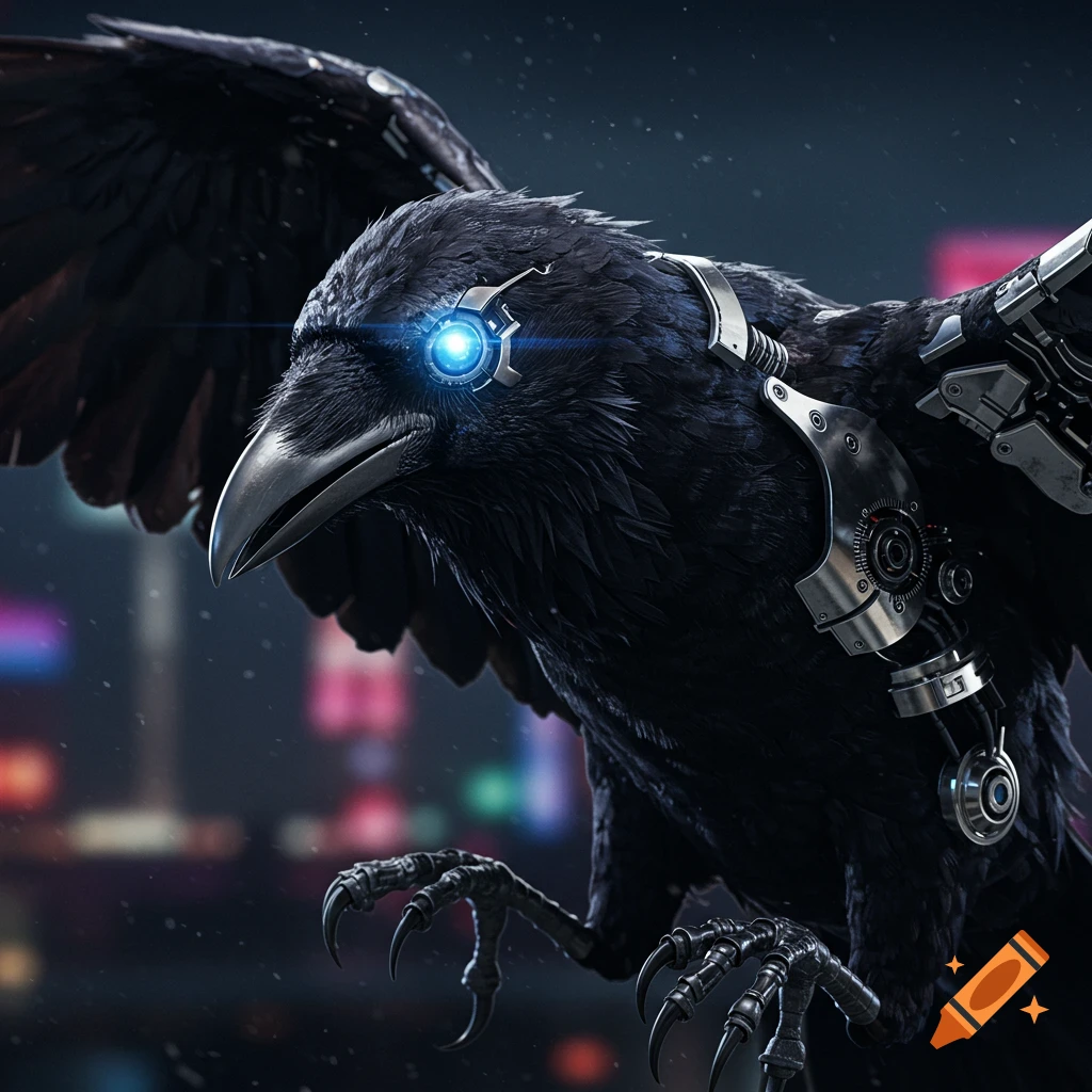 A cybernetic raven with a glowing blue eye and metallic parts flies at night with blurry city lights in the background.
