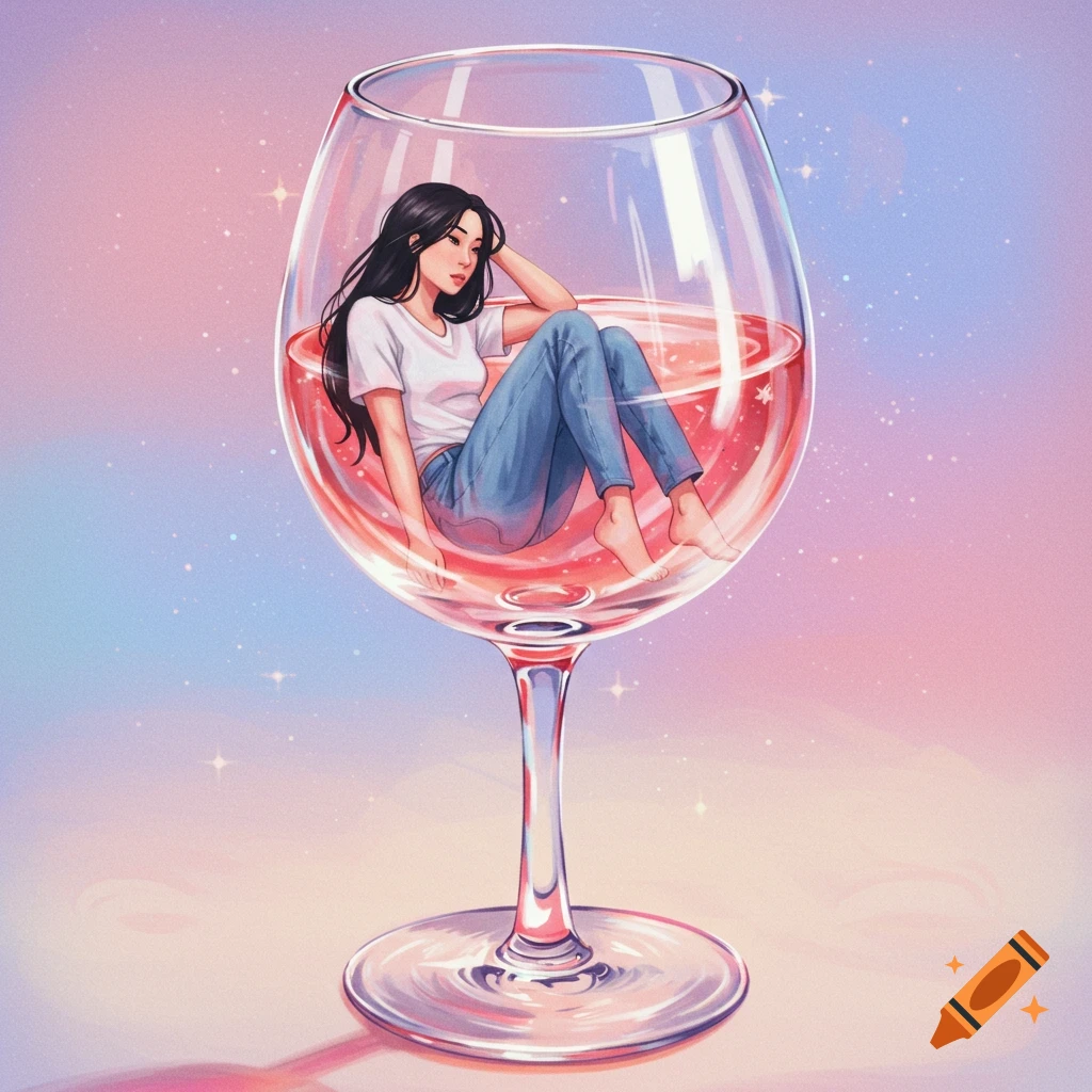 Illustration of a woman sitting inside a large wine glass with pink liquid.
