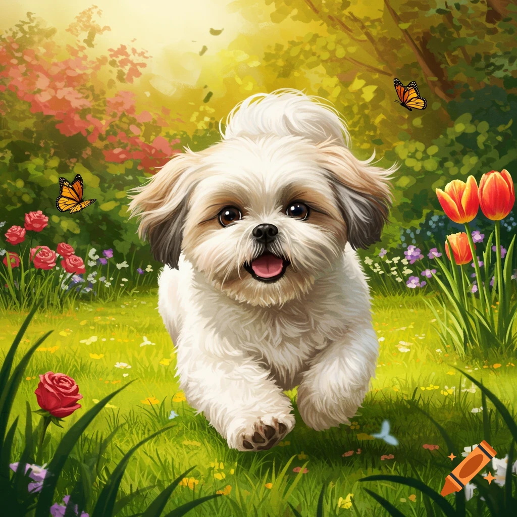 A fluffy shih tzu puppy runs through a sunny garden with red roses, orange tulips, and butterflies.