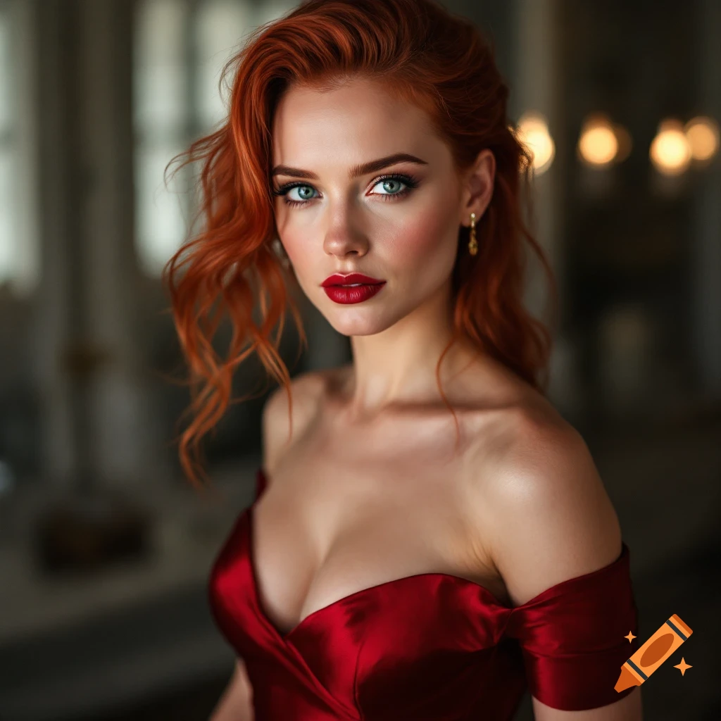 A woman with red hair and green eyes wearing a red dress.