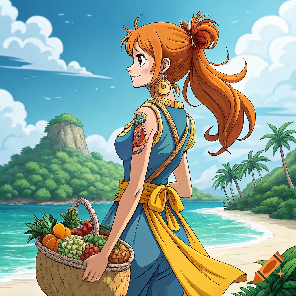 Anime girl carrying a fruit basket on a beach