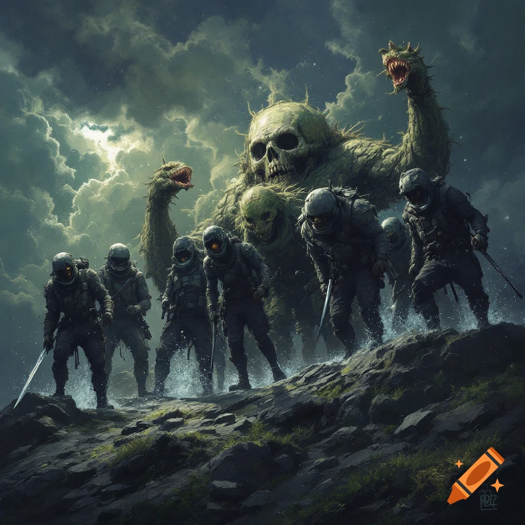Soldiers facing a giant green skull monster under stormy skies in a dark fantasy style.
