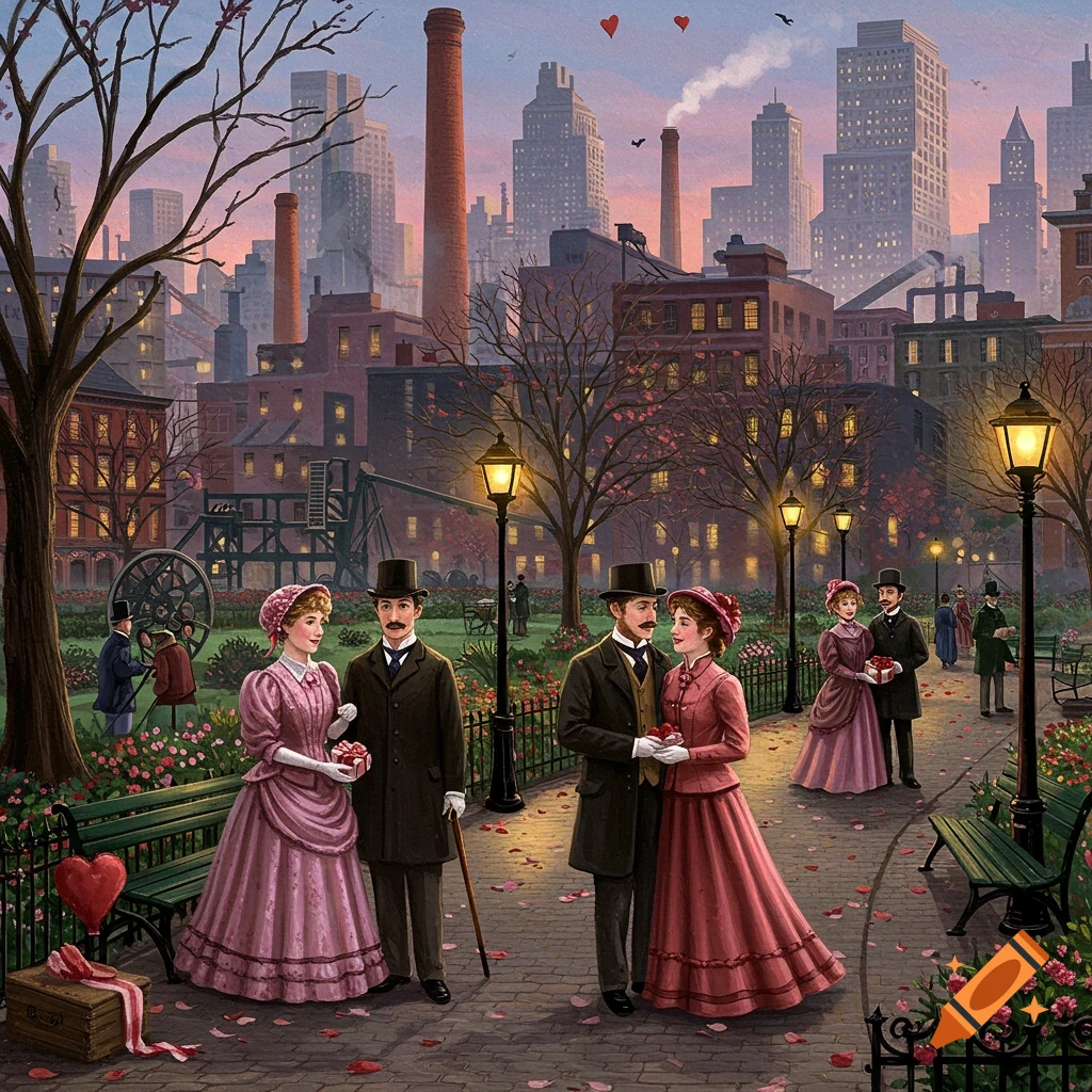 Couples in historical clothing in a park celebrate Valentine's Day with gifts, industrial city background.