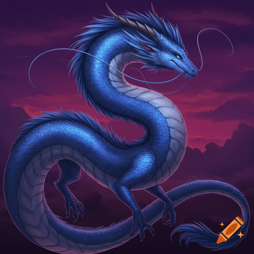 A blue eastern dragon coils against a purple sky.