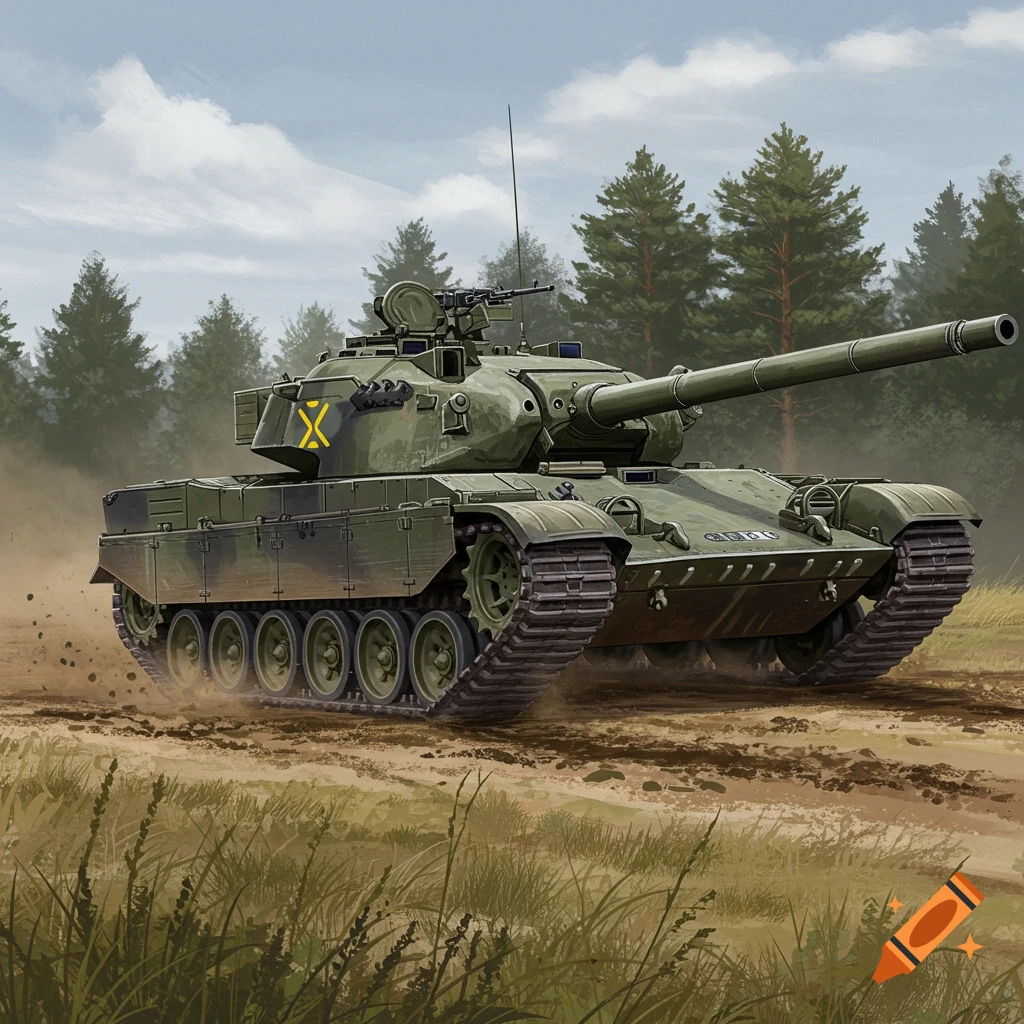 A green military tank drives through a muddy field next to a forest in a realistic illustration style.
