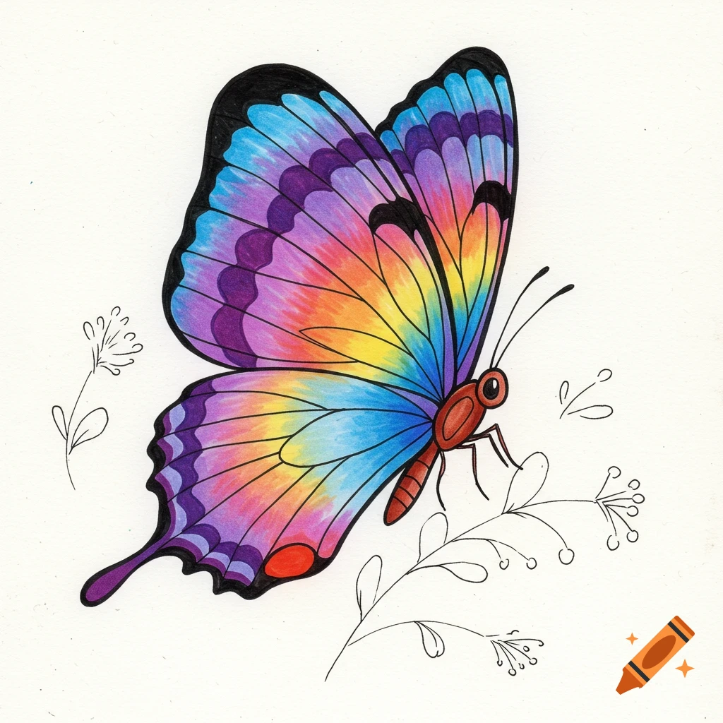 Colorful drawing of a butterfly with sketched plants on a white background.