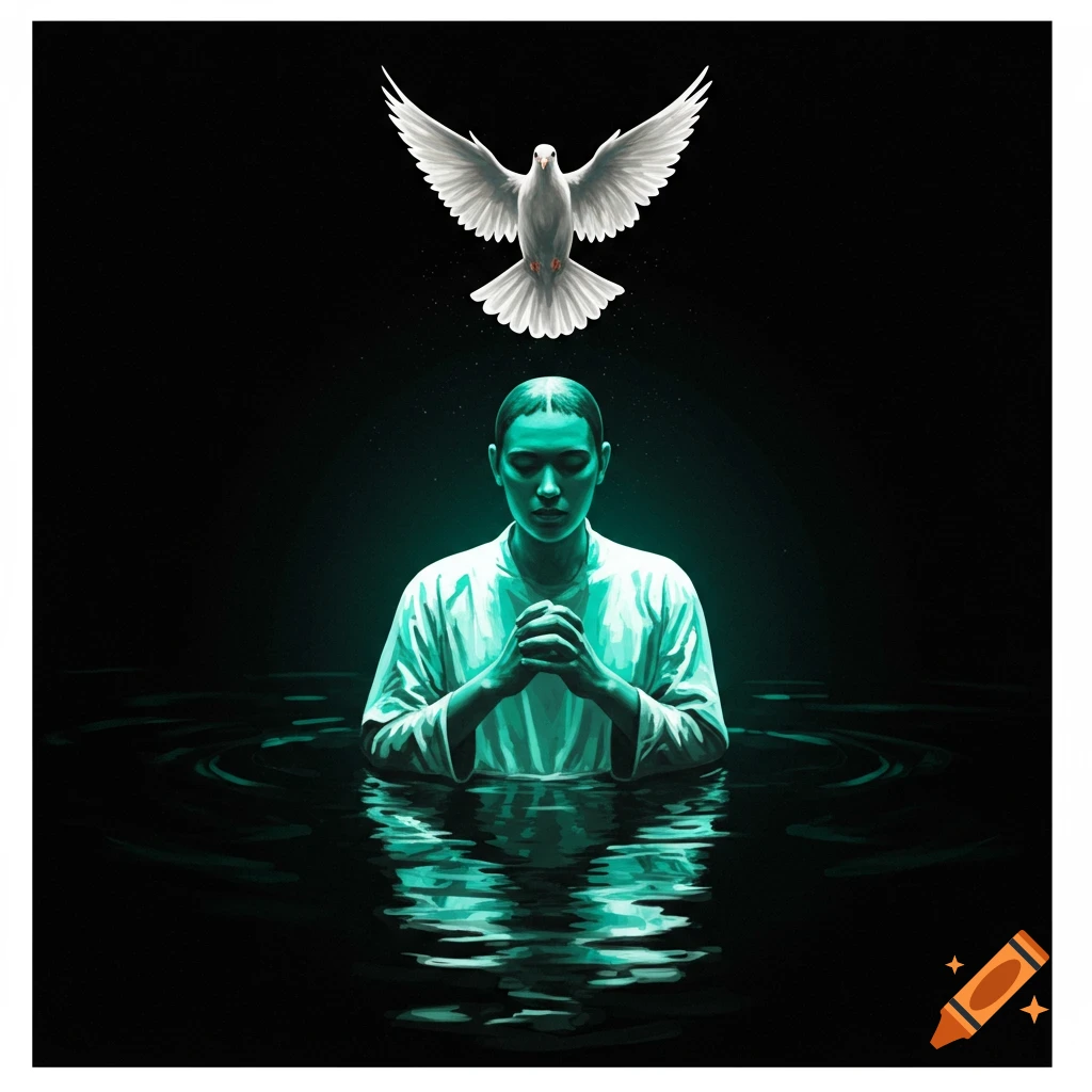 Illustration of a person in water with hands clasped, illuminated by green light, with a white dove flying overhead.