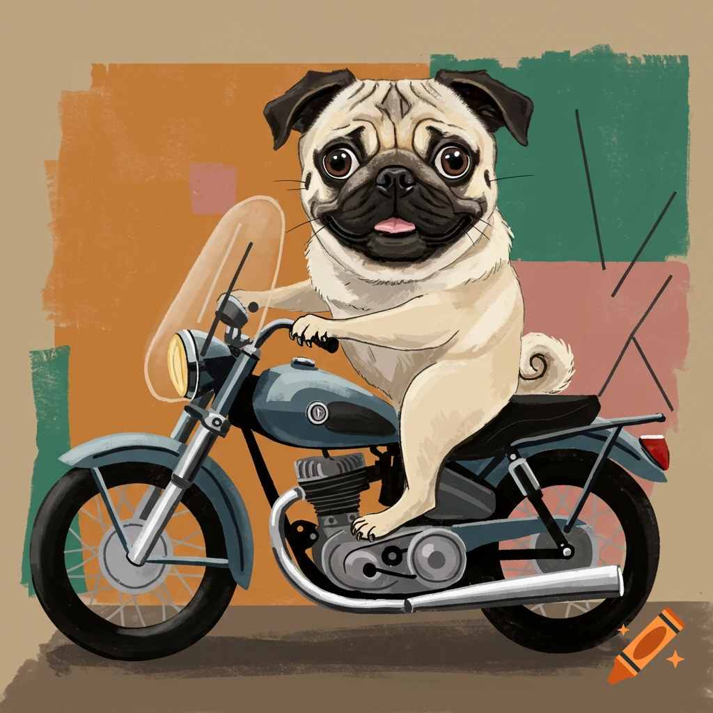 An illustration of a pug riding a motorcycle with a textured background.