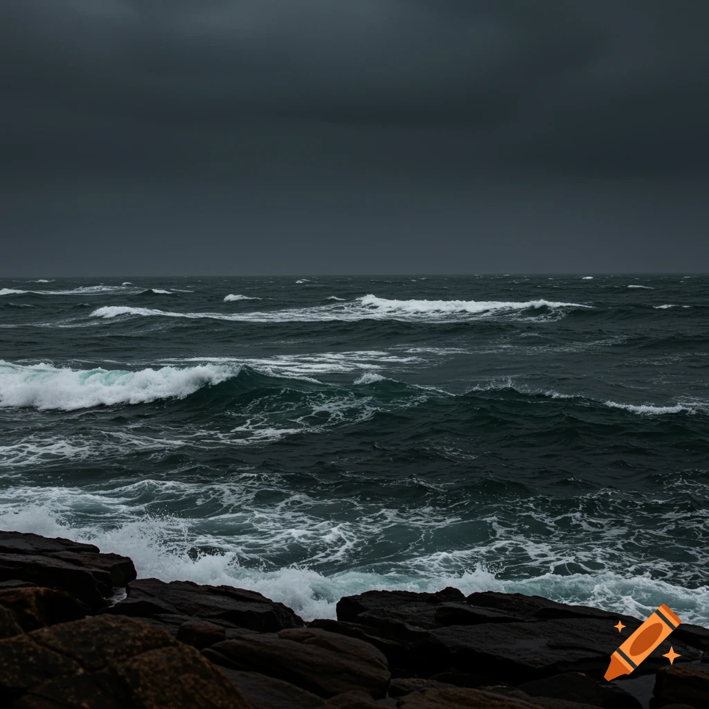 Dark, stormy ocean waves crash against rocks under a dark sky.