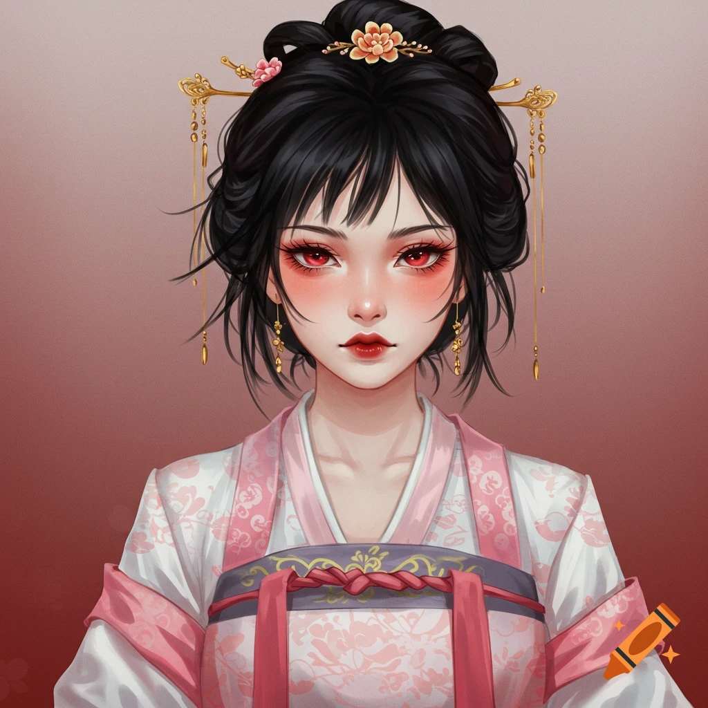 Digital portrait of a person in traditional Chinese hanfu with red eyes and elaborate hair ornaments