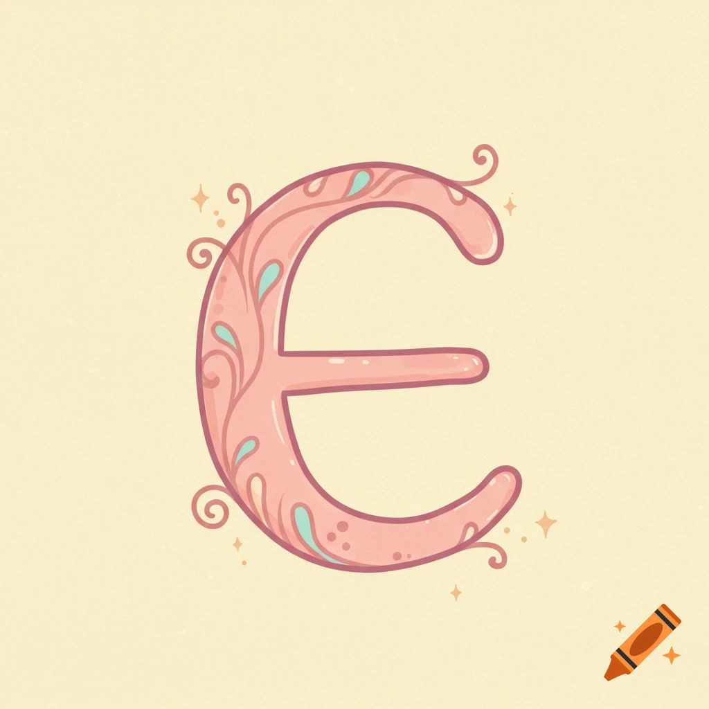 Stylized pink letter E with floral pattern and sparkles on yellow.