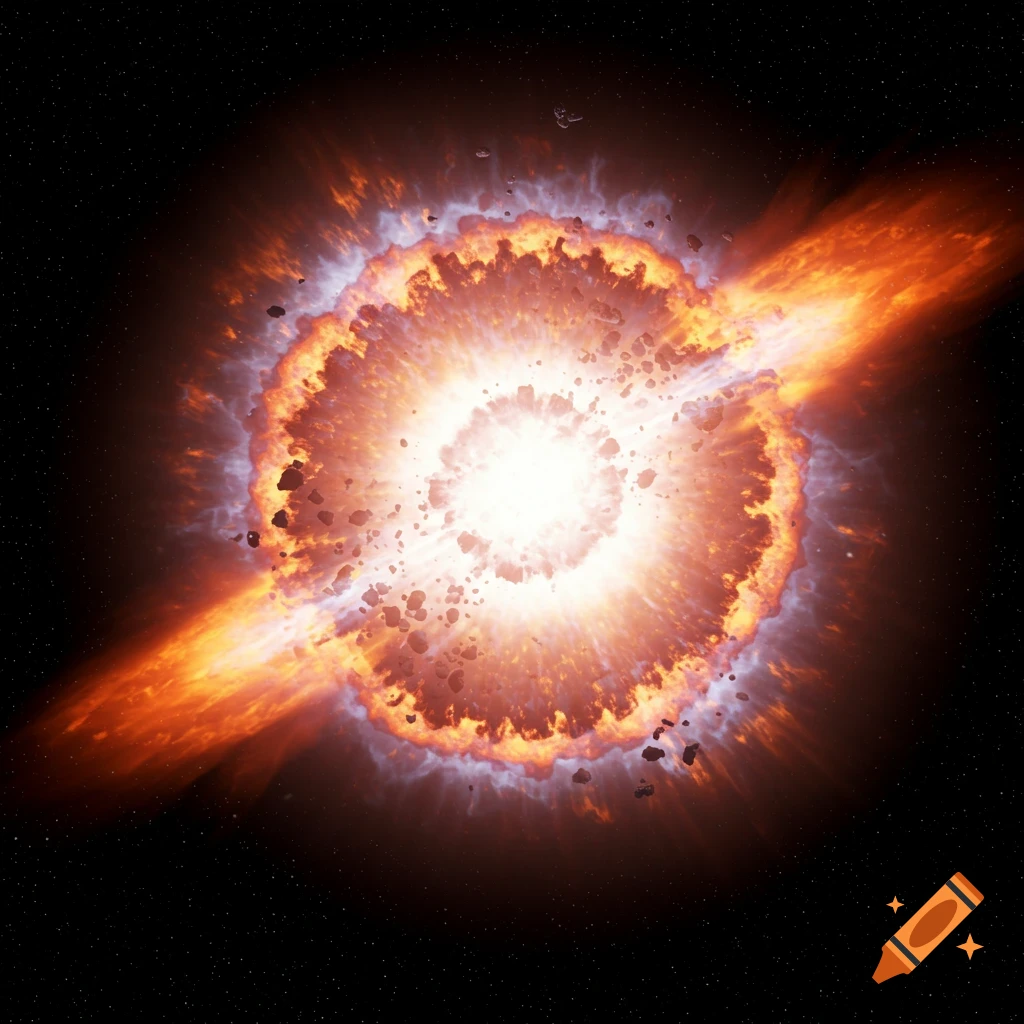 A bright supernova explosion with expanding gas and debris in space.