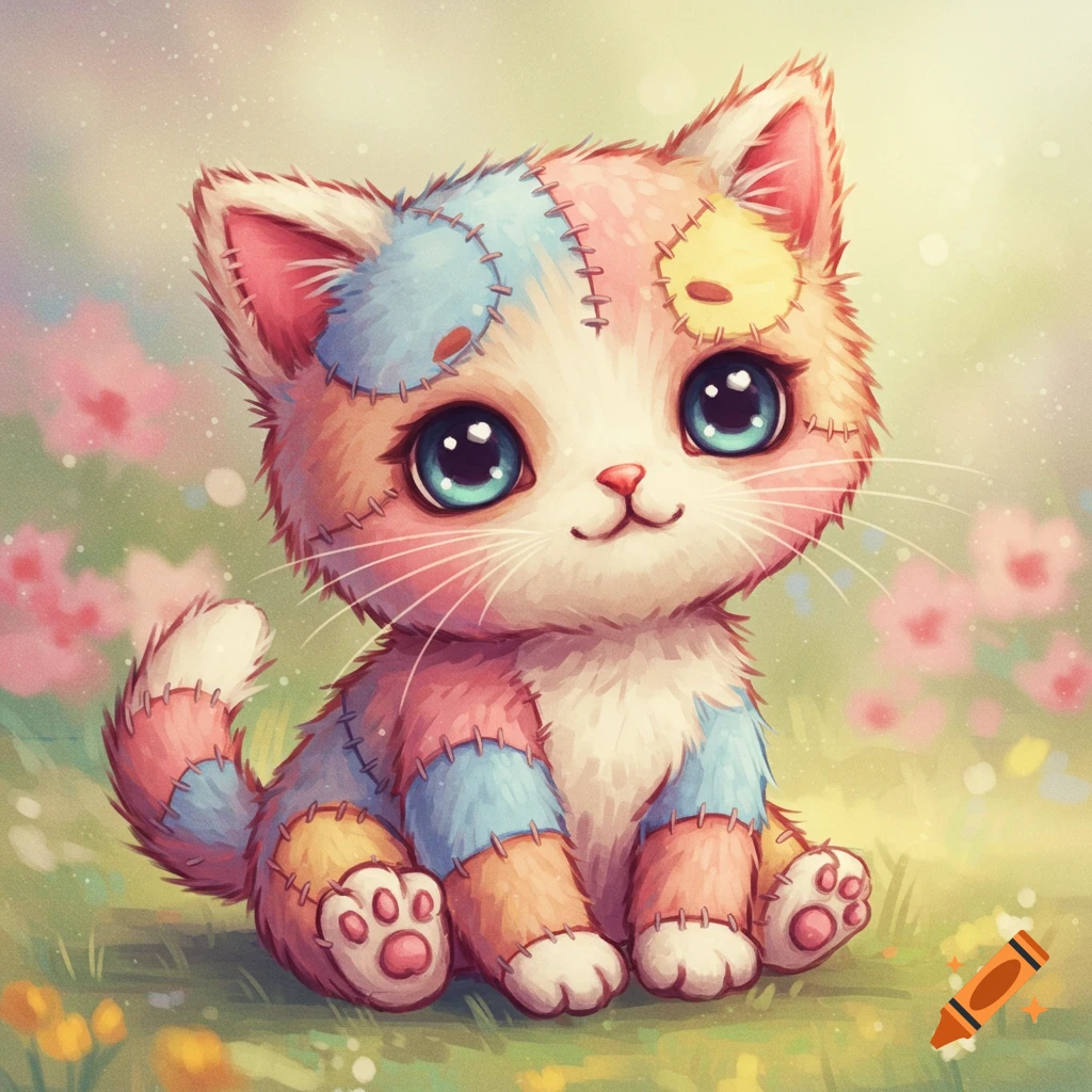 Cute colorful rag doll kitten sitting in a field of flowers