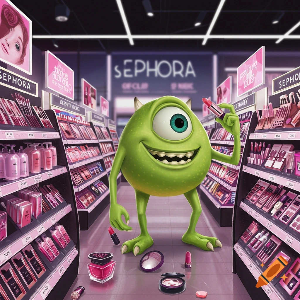 Mike Wazowski stands in a Sephora store aisle, holding up a tube of lipstick.