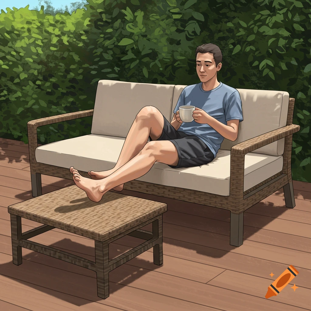 Illustration of a man relaxing on an outdoor sofa with his feet on a coffee table, holding a cup.
