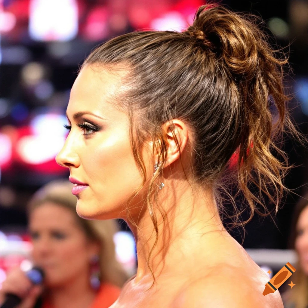 Profile close-up of a woman with a messy brown hair bun.