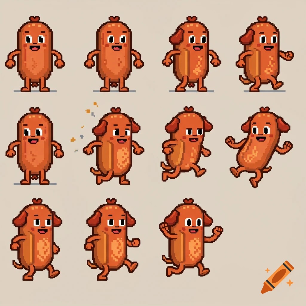 Pixel art character sheet of a hotdog with dog ears in 8-bit style, showing idle, walk, and jump animation poses.