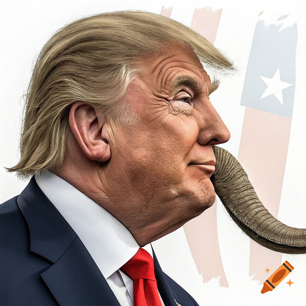 Profile portrait of Donald Trump with an elephant trunk for a nose against a flag-like background.