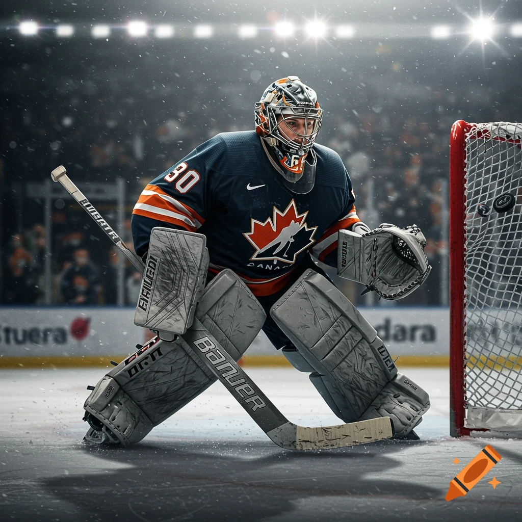 Photorealistic image of a hockey goalie in pads on the ice during a game.